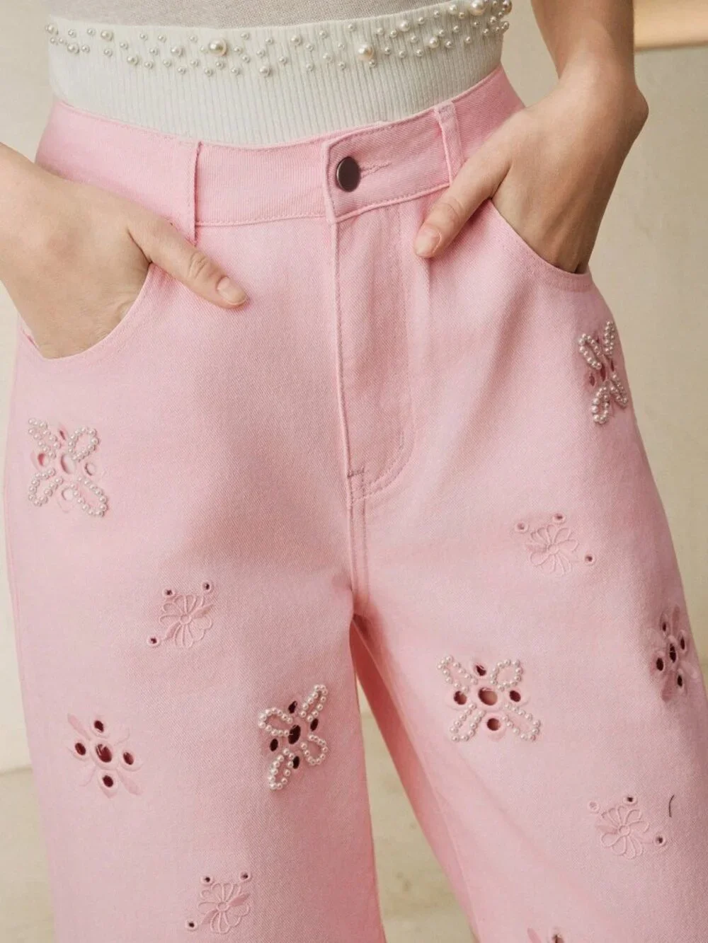 Pink Casual Women's Hollow-Out Embroidered Straight Leg Jeans